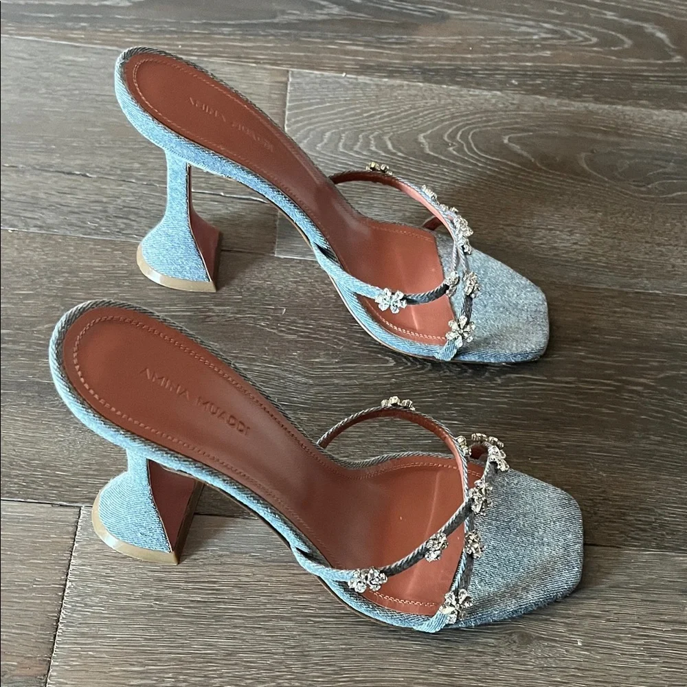 Amina Muaddi Blue Denim Heels with Floral Embellishments - Picture 4 of 4